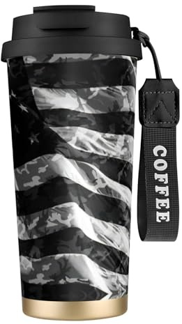 VCzsdff Gobelet à café isotherme en acier inoxydable 316 avec couvercle anti-fuite, motif camouflage drapeau américain, tasse de voyage avec dragonne