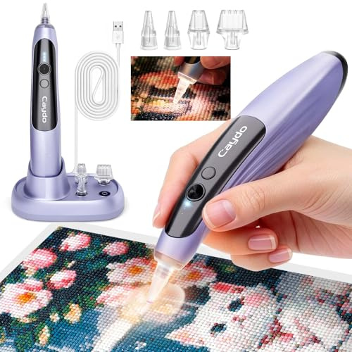 Pluma de Diamond Painting Eléctrica Sin Cables Caydo con Luz, 3 Niveles de Aspiración Ajustables, Plumas de Diamond Art Recargables con Base de Carga 2 en 1 & Puntas Reemplazables