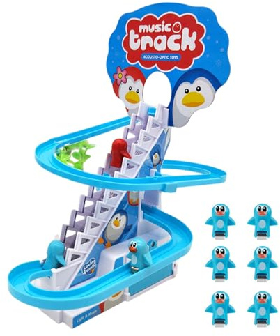 Penguin Slide Race Track Toy, Electric Stairs Climbing Play Set, Colorful Motorized Track with Sliding Penguins, Fun Activity Toy for Kids, Holiday Birthday Back-to-School Gift, Interactive Game