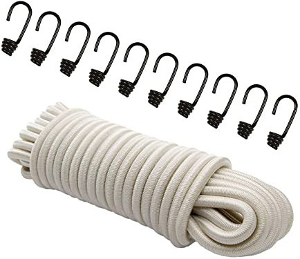 Dreamprint Expanderseil 20 m Weiß 6 mm Gummiseil Gummischnur Spannseil Planenseil Gummileine elastisches Seil mit 10 Spiralhaken ø 6 mm