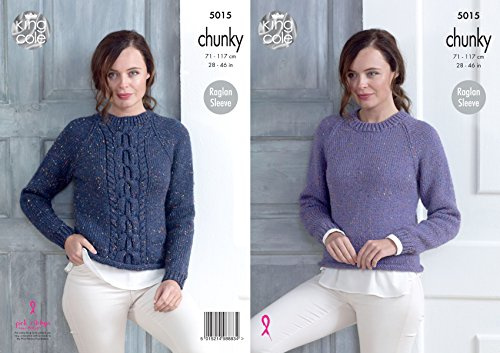 King Cole Ladies Chunky Knitting Pattern Raglan Sleeve Plain or Cable Panel Sweater (5015)