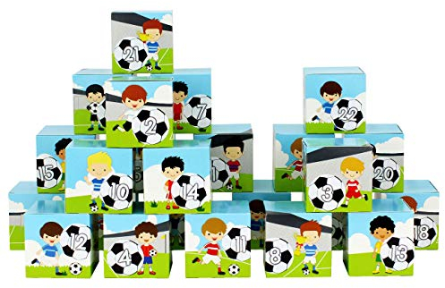 Papierdrachen DIY Adventskalender zum Befüllen - Kisten Set - Motiv grün mit Fußball-Spielern - 24 bunte Schachteln aus Karton zum Aufstellen und zum Befüllen - 24 Boxen - Weihnachten 2024