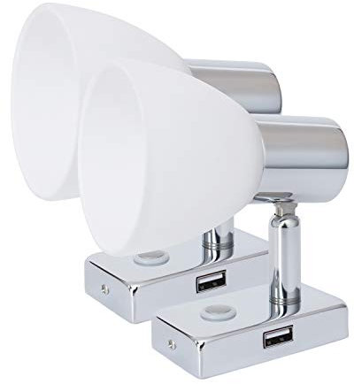 lighteu, 2x 12V 2W D1 USB Decken- / Wandstrahler, Chrom-Finish, Nachttischlampe, Leselampe mit Touch-Schalter dimmbar warmweiß/blaues Licht für Yacht, Caravan, Wohnmobil