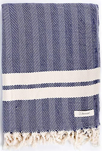 Bersuse 100% Baumwolle - Herringbone XXL Strandtuch Sofa-Überwurf - Dunkelblau