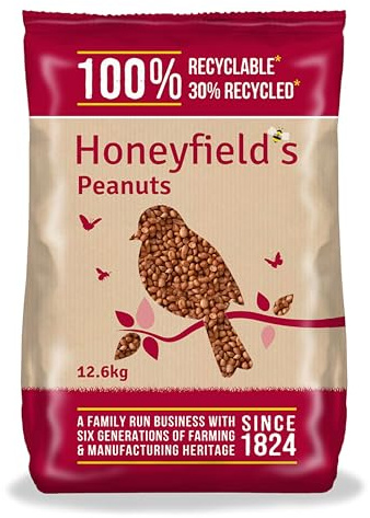 Peanuts for Wild Birds - Wild Bird Food for Small Birds, High in Protein and Energy, No Mess, Great for Hanging Feeders, Bird Tables, and Ground Feeding, Bulk Bag (12.6kg) - Honeyfield’s
