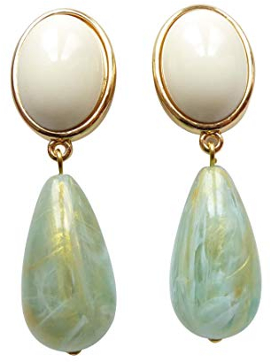 Leichte sehr große Ohrstecker Ohrringe vergoldet Stein elfenbein-farben Anhänger jade-grün marmoriert Geschenk Geburtstag klassisch Designer JUSTWIN