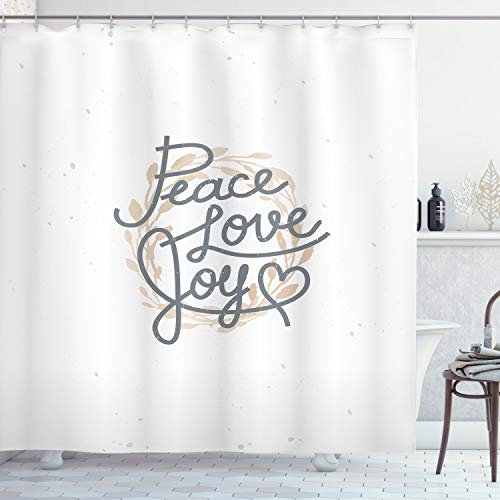 ABAKUHAUS Freude Duschvorhang, Schriftzug Liebe Freude Worte, Stoffliches Gewebe Badezimmerdekorationsset mit Haken, 175 x 200 cm, Beige Grau