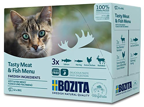 BOZITA Multibox Mixpack Lachs, Hering, viel Huhn, Rentier - Häppchen in Soße 12x85g Pouch Portionsbeutel - getreidefreies Nassfutter für erwachsene Katzen