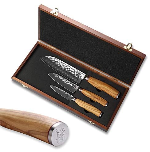 zayiko Minami Premium 3er Damastmesser-Set mit Klingen von 9-17 cm gefertigt aus 67 Lagen echtem Damaststahl mit Hammerschlag und Olivenholzgriffen I Holzbox I Damastmesser Küchenmesser
