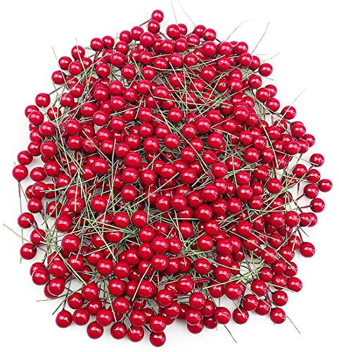 200PCS Baies de Noël Artificiel Baies de Houx Balle en Mousse de Fil de Fer Boule Rouge + Vert Tige Couronne Faire Accessoires de fête Décoration de Noël