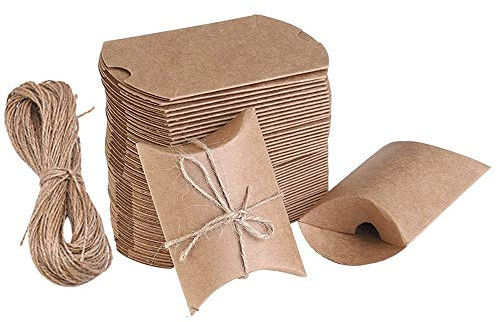 100 Piezas Cajas Almohadas de Kraft Cajas de Regalo Pequeñas Marrones Vintage Cajas de Papel con Cuerda de Yut para Caramelos Bombones Regalos