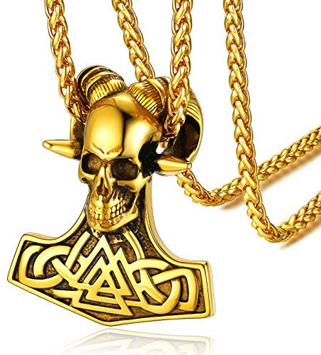 FaithHeart Viking Necklace for Male Gold Plated Thors Hammer Pendant Norse Jewelry Stainless Steel Nordic Skull Neck Charm with Long Chain 22 inch+2 inch