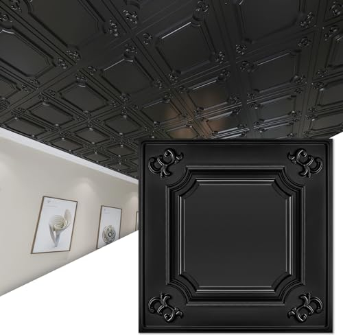 Art3d Drop Ceiling Tiles 605mm x 605mm Fit in 600mm x 600mm (12-Pack, 48 Sq.ft), Black Plastic Acoustic Ceiling Tiles Wainscoting Ceiling Panels Glue Up