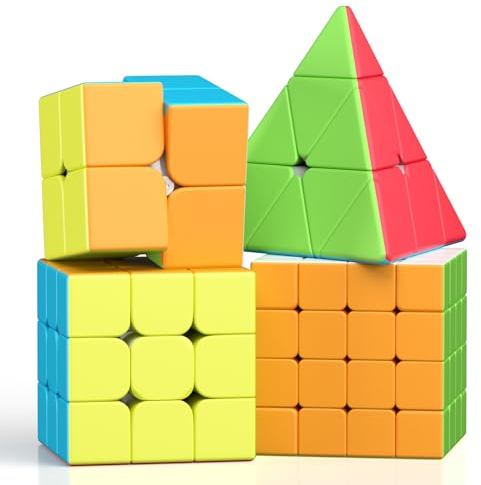 ROXENDA Zauberwürfel Set - 2X2 3X3 4X4 Pyramide Speed Würfel Set mit Würfel Tutorial für Kinder und Erwachsene, [4er Pack] (Stickerless)