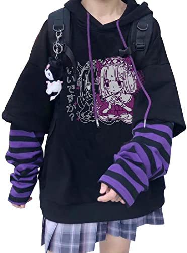 WINKEEY Sweat à Capuche Animé Y2K Pull Gothique Japonais Kawaii Femme Impirmé Manga Motif Mignon Sweatshirt Harajuku à Manches Longues
