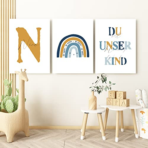 Pandawal Kinderzimmer Bilder mit Spruch und Name Regenbogen 3er Poster- Set für Mädchen und Junge Wandbilder (Regenbogen Smile)