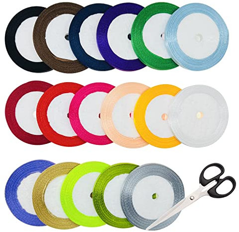 Allazone 17 Rouleaux Ruban Satin, 17 Couleur Ruban de Satin de Couleur Mélangée 6MM x 22M Ruban Cadeau de Noël Convient pour L'artisanat de Décoration de La Maison, Les Emballages Cadeaux