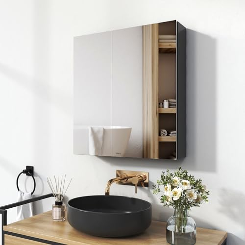 EMKE Spiegelschrank Bad, Badezimmer Spiegelschrank mit Spiegel, 60x65cm Badschrank Wandschrank mit höhenverstellbaren Glasablage (Grau Mattiert)