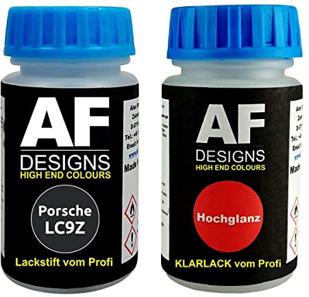 Alex Flittner Designs Lackstift für Porsche LC9Z Basaltschwarz Metallic + Klarlack je 50ml Autolack Basislack Set