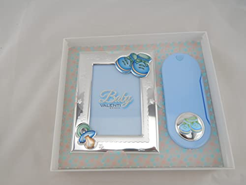 Digiglio Bomboniere Cornice portafoto Bimbo Argento+ Set Posate Pappa Scarpetta Celeste