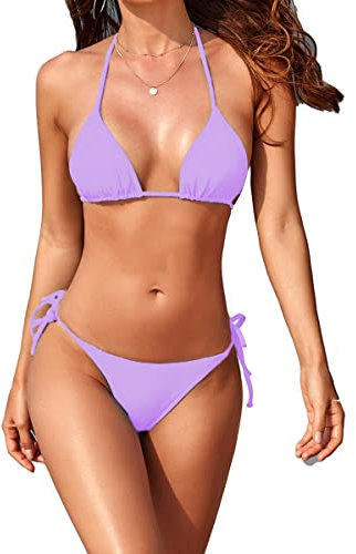 Tainehs Bikini für Damen, Neckholder, Dreieck-Design, sexy Tangahöschen zum Binden auf beiden Seiten., fliederfarben / violett, XL