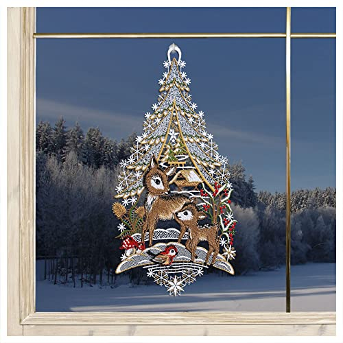 DSD Design-Studio Drechsler Fensterbild Rehlein mit Vögelchen Plauener Spitze Winter-Dekoration 35 x 18 cm