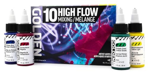 High Flow Acrylics by GOLDEN, High Flow Mixing Set, 10 Colors, Professional Acrylic Paint