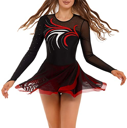inlzdz Eiskunstlauf-Kleid Damen Glitzer Tanzkleider Gymnastik Leotard Langarm Ballettkleid Ballettkleidung Rundhals Turntrikot Turnanzug Performance Kostüm Rot M