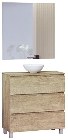 Baikal Conjunto de Mueble de Baño Ness, Especial para baños pequeños. Mueble de Fondo Reducido en 36cm, Incluye Lavabo Cerámico. Mueble MONTADO. Tres Cajones con Espejo 80 cm Nature
