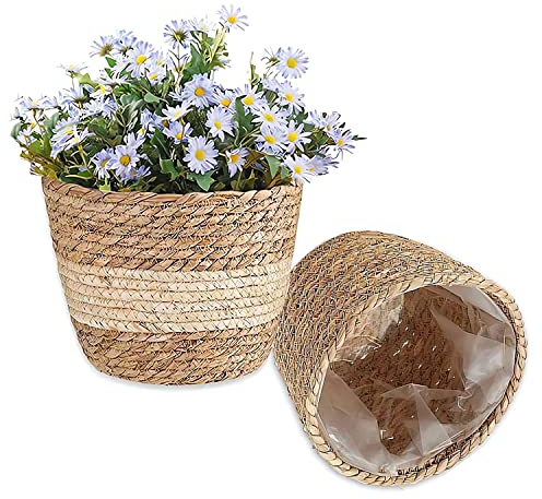 GRGO 2 Piezas Cesta para Plantas, Cesta Tejida a Mano, Cesta De Hierba, Macetas De Flores, Cesta De Plantas Naturales, Cesta Decorativas, Cestas Redondas, para Plantas Flores Decoración del Hogar