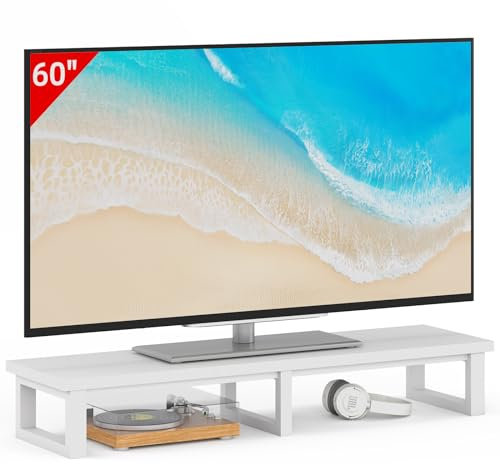 YAOHUOO Grand support TV de 119,4 cm pour TV de 32 à 60 pouces, étagère avec pieds en acier, support TV de table pour bureau à domicile, blanc