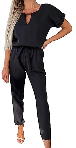 amropi Jumpsuit Damen Elegant Kurzarm Playsuit V-Ausschnitt Casual Lose Overalls Lang Romper Schwarz,S