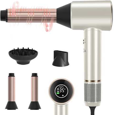 PARWIN PRO BEAUTY Air-Sonic Föhn, HD-LED Anzeige Fön, Haartrockner mit 110,000RPM Bürstenlosem Geräuscharm Motor, 2x 32mm Auto Wrap-Curler, 25M/S Luftstrom für Schnelle Trocknung (Champagne Silver)