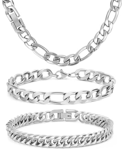 Aospkle Männerschmuck Edelstahl Kette Geschenk für Männer 3-teiliges Figaro-Halsketten-Armband, kubanisches Armband, robuste Figaro-Kette aus mit kubanischen Gliedern für Herren,18/21/23 cm