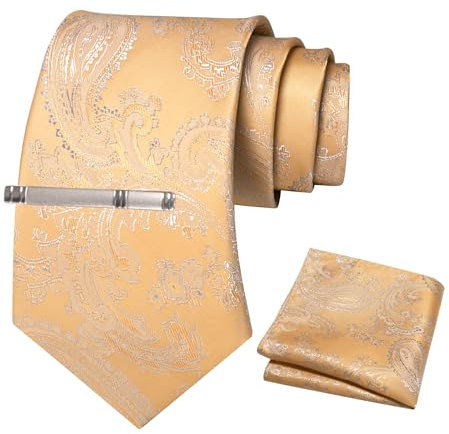 JEMYGINS Herren Paisley Krawatten set mit Krawattenklammer und Einstecktuch,Grasgelb Aprikosengelb