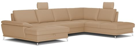 Cavadore Wohnlandschaft Castiel mit Federkern / Sofalandschaft mit XL-Longchair, Bett, Bettkasten, Sitztiefenverstellung, Kopfstützen und Metallfüßen / 363 x 89-104 x 223 / Echtleder, Beige