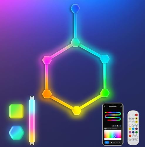 Gaming LED Wandleuchte Deko, Smart Home RGBIC LED Lightbar Hexagon LED Gaming Setup Lampe Funktioniert mit Alexa Google Assistant, Musik Sync, App- / Sprachsteuerung für Gaming Zimmer TV Deko,14 Stk