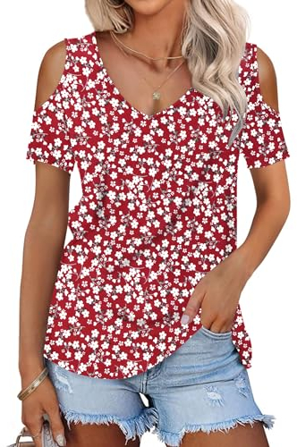 WNEEDU Magliette Donna Estive Manica Corta T Shirt con Scollo a V Senza Spalline Top Maglia Elegante Fiore Rosso 2XL