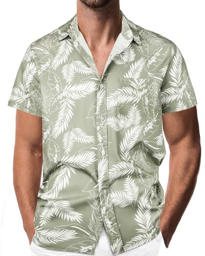 Danfiki Men's White Leaf Floral Hawaiian Shirt, L, Short Sleeve, Cuban Collar, Regular Fit, Summer, Casual Occasions