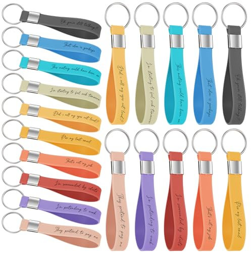 Otuuz 20 Pièces Porte-Clés en Silicone avec Slogan Drôles Porte-Clés Lanière en Silicone de Nouveauté Porte-Clés Bracelet en Silicone pour Employé Collègues Femmes Hommes Famille Bureau Fête Cadeaux