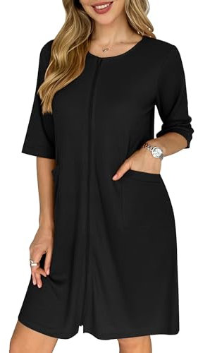 Ekouaer Kurzer Waffel-Bademantel mit Reißverschluss, leicht, knielang, Hausmantel mit Taschen, Nachthemd, Größe S-3XL, Schwarz, XXX-Large