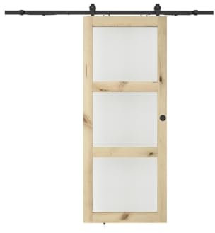 Vente-unique - Puerta corredera Exterior Pared y 3 Ventanas H205 x L73 cm MDF Natural Vidrio Templado Esmerilado - Acosta II