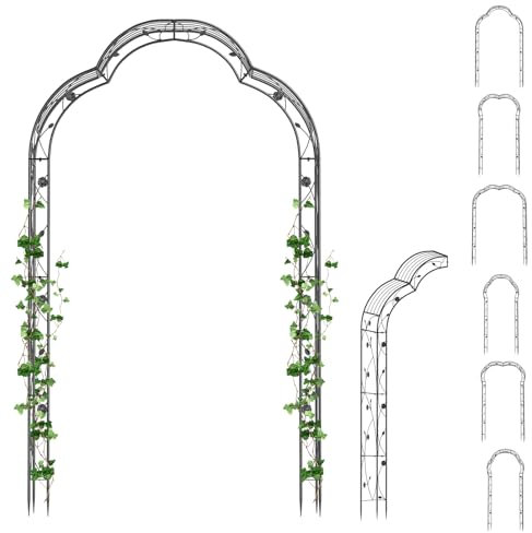 GiantexUK 2.5M Metal Garden Arch, Heavy Duty Pergola Trellis Arbour with 2 Half-side Arches, 7 Style Flowers Roses Vines Climbing Plants Support Archway for Lawn Patio Wedding Ceremony Decoration