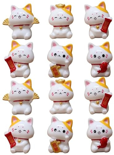 HEMOTON Pack of 12 Miniature Lucky Cat Figures, Resin Cat Figures for Micro Landscape, Garden, Flower Pot Decoration, Handmade Maneki Neko Statues