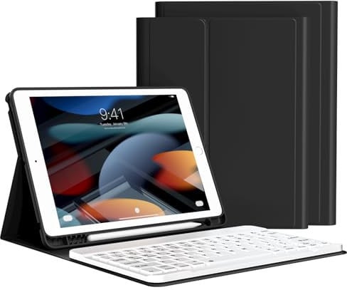 GKABXY Keyboard Case for iPad 9th/8th/7th Generation 10.2 inch 2021/2020/2019, Soft TPU Back Cover with Pen Holder, Magnetically Detachable Wireless Bluetooth Keyboard, Auto Wake/Sleep, Black