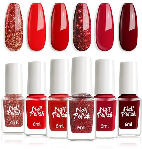 DMQ Nail Polish Set - 6Pcs Burgundy Glitter Wine Red Varnish Kit, Sparkle Shimmer Bloody Red Gel Kit - Quick Drying Non-Toxic Water Based Paint for Manicure DIY Gifts for Women