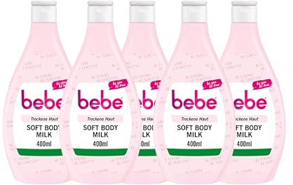 bebe Soft Body Milk (400 ml), schnell einziehende Bodylotion mit Jojobaöl & Panthenol für trockene Haut, duftet sanft, spendet 24 Stunden Feuchtigkeit (Packung mit 5)
