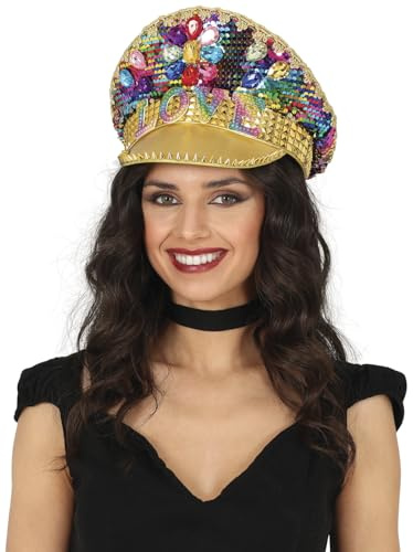 FIESTAS GUIRCA | Goldene LOVE Festival Mütze mit bunten Pailletten & Strass – Kapitänsmütze verleiht jedem Outfit extra Glam! -Polizeimütze für Festivals, JGAs, Pride, Karneval & Fasching