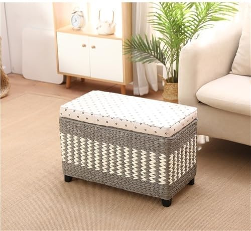 GOIPNGPK Rattan-Like Storage Ottoman Bench, Wicker-Like Storage Stool with Lid, Rustic Footrest Footstool, Sofa Stool, End of Bed Bench, Shoe Bench for Living Entryway(Gray,50cm/19.7in)