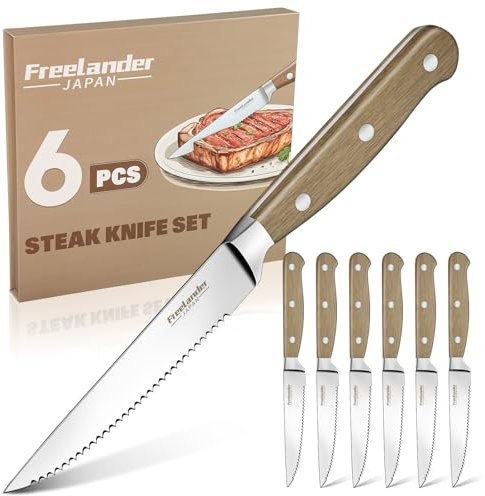 Freelander Steakmesser Set 6-teilig mit Wellenschliff und Ergonomischem Holzgriff, Scharfe Steakmesser für Schneiden von Steak und Fleisch, Ideal als Geschenk für Männer, Frauen in Geschenkbox